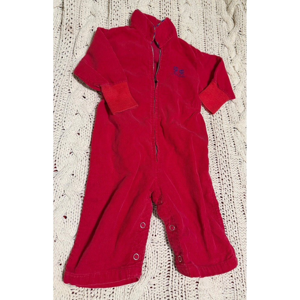 Vintage Health-tex Stantogs Red Corduroy Coverall Jumpsuit Owl Embroidered 9-mo